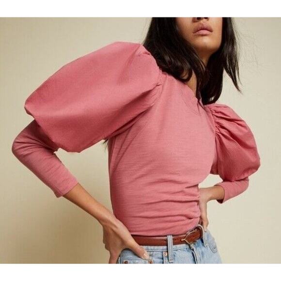 Nation LTD Tops - Nation LTD Daniella Combo Party Tee Top Blouse Geranium Pink Puffer Sleeve XS